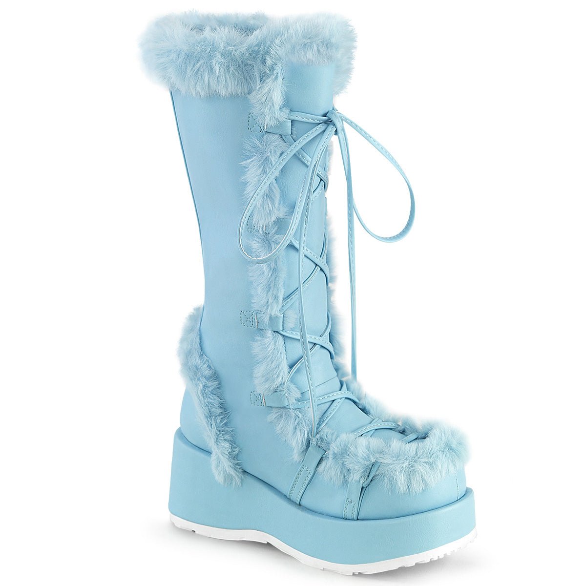 Too Fast | Demonia Cubby 311 | Baby Blue Vegan Leather Women&#39;s Mid Calf Boots