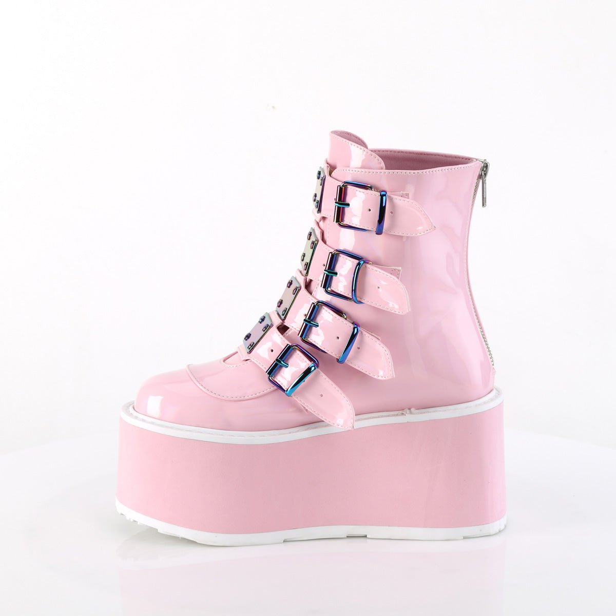 Too Fast | Demonia Damned 105 | Baby Pink Hologram Patent Women&#39;s Ankle Boots