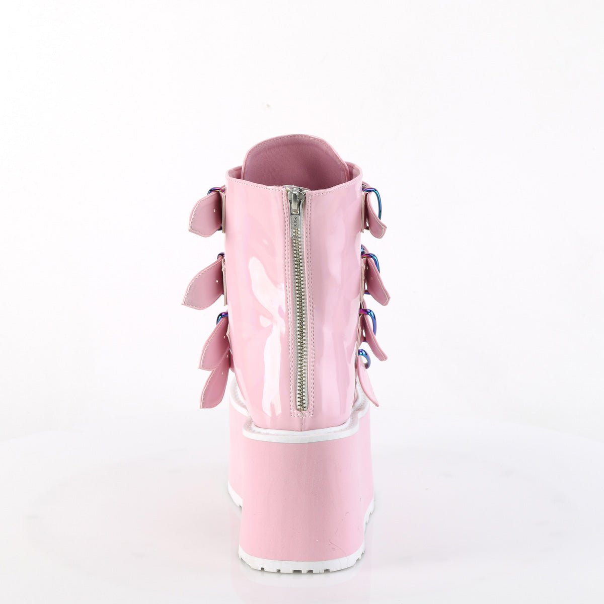 Too Fast | Demonia Damned 105 | Baby Pink Hologram Patent Women's Ankle Boots