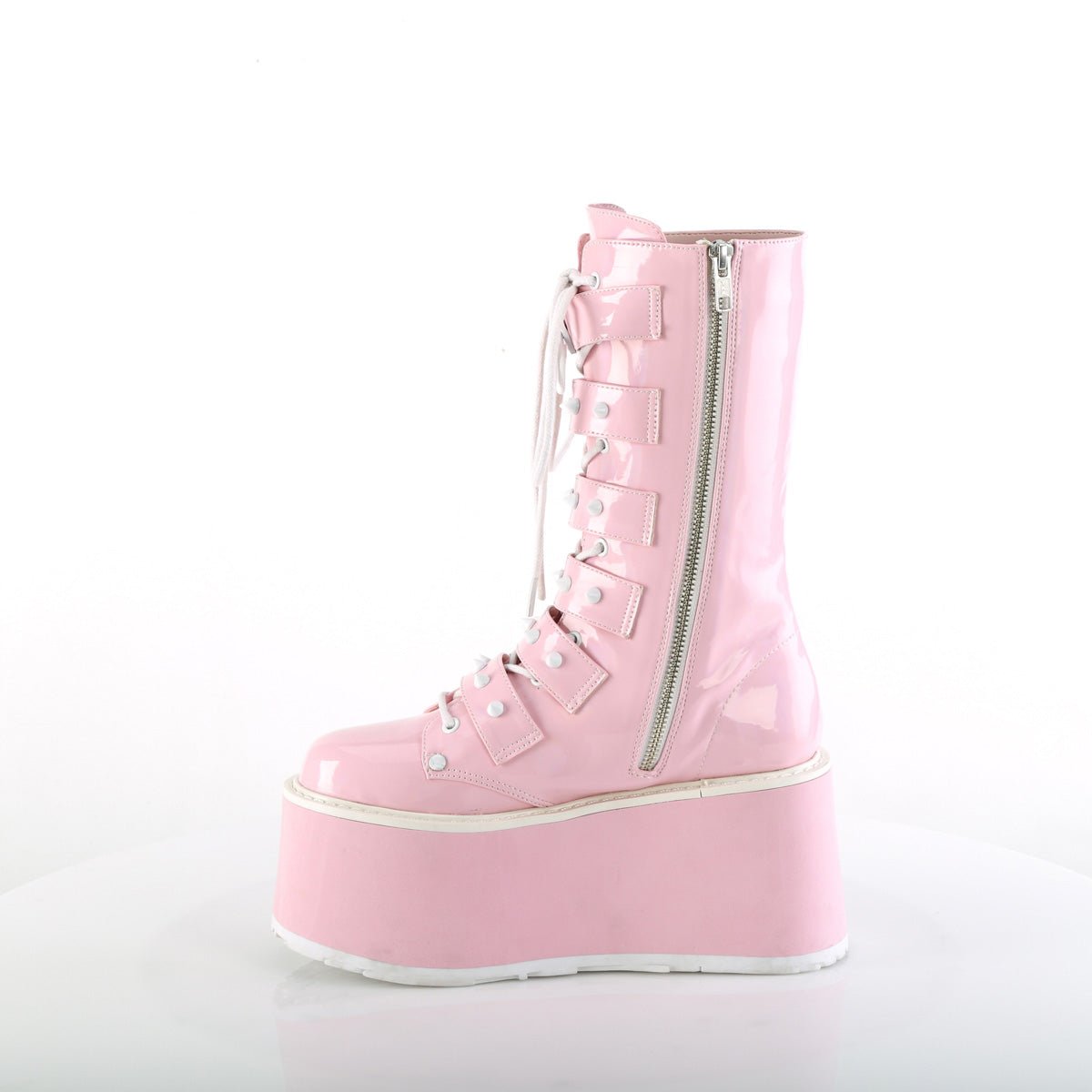 Too Fast | Demonia Damned 225 | Baby Pink Hologram Patent Women&#39;s Mid Calf Boots