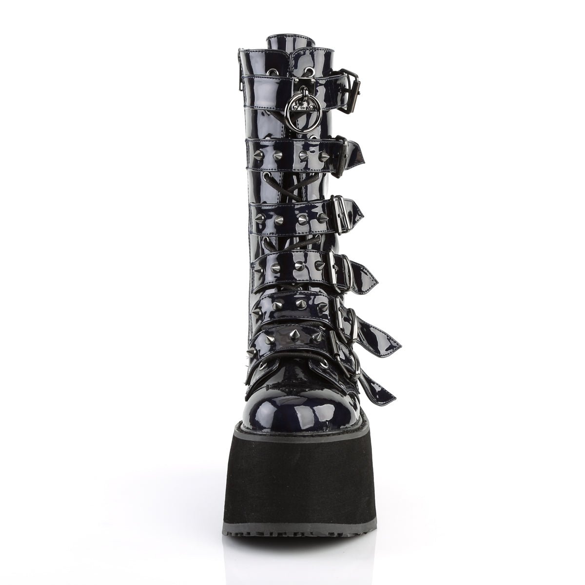 Too Fast | Demonia Damned 225 | Black Holographic Vegan Leather Women&#39;s Mid Calf Boots