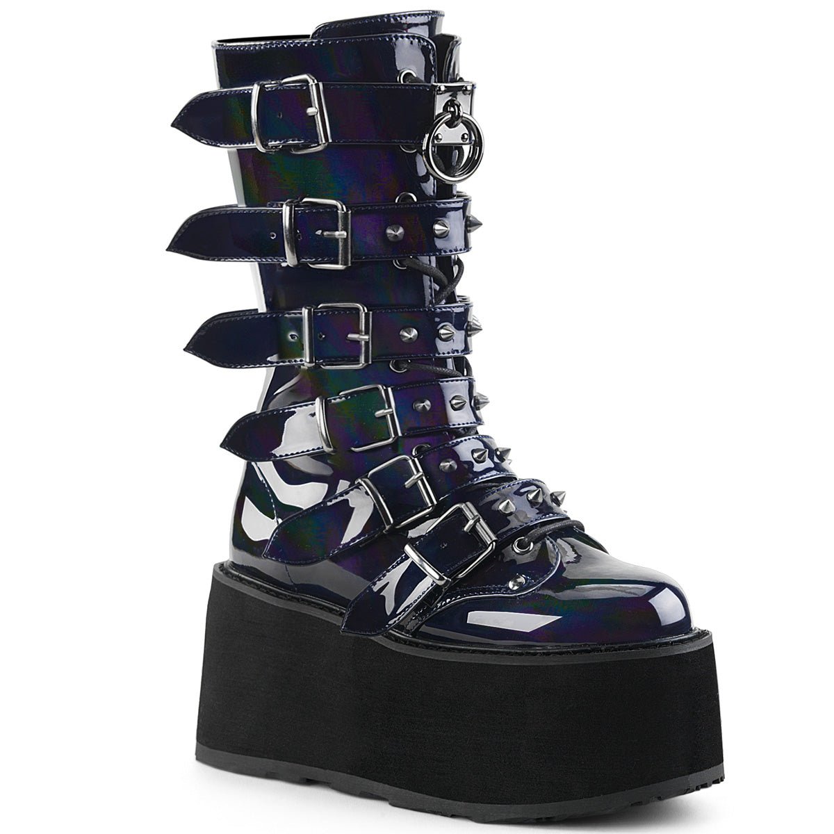 Too Fast | Demonia Damned 225 | Black Holographic Vegan Leather Women&#39;s Mid Calf Boots