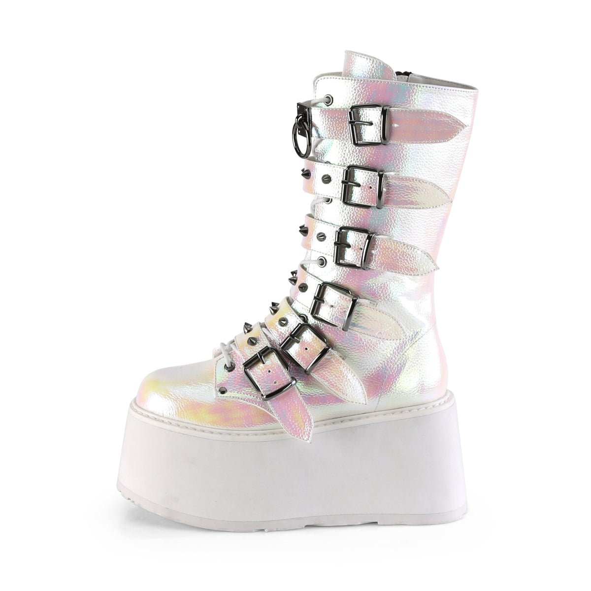 Too Fast | Demonia Damned 225 | Pearl Iridescent Vegan Leather Women&#39;s Mid Calf Boots