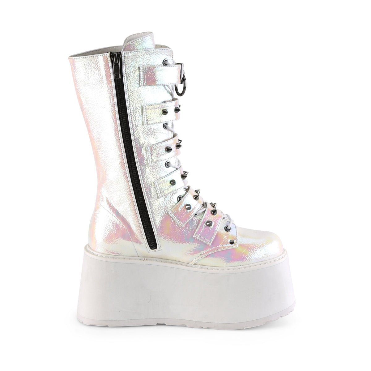 Too Fast | Demonia Damned 225 | Pearl Iridescent Vegan Leather Women&#39;s Mid Calf Boots