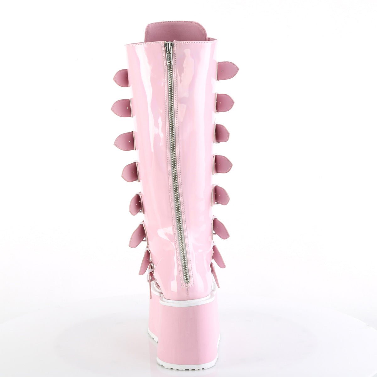 Too Fast | Demonia Damned 318 | Baby Pink Hologram Patent Women&#39;s Knee High Boots