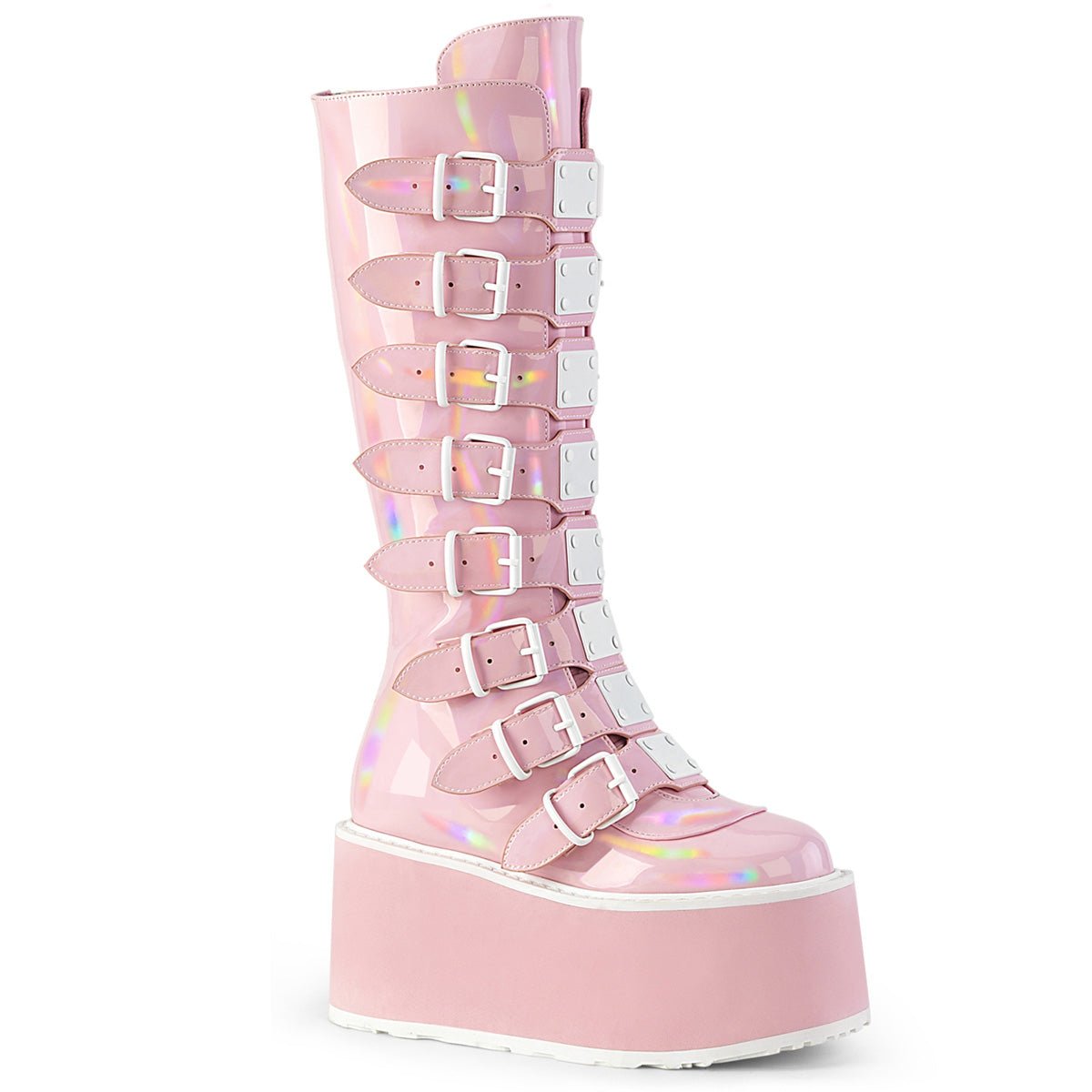 Too Fast | Demonia Damned 318 | Baby Pink Hologram Patent Women&#39;s Knee High Boots