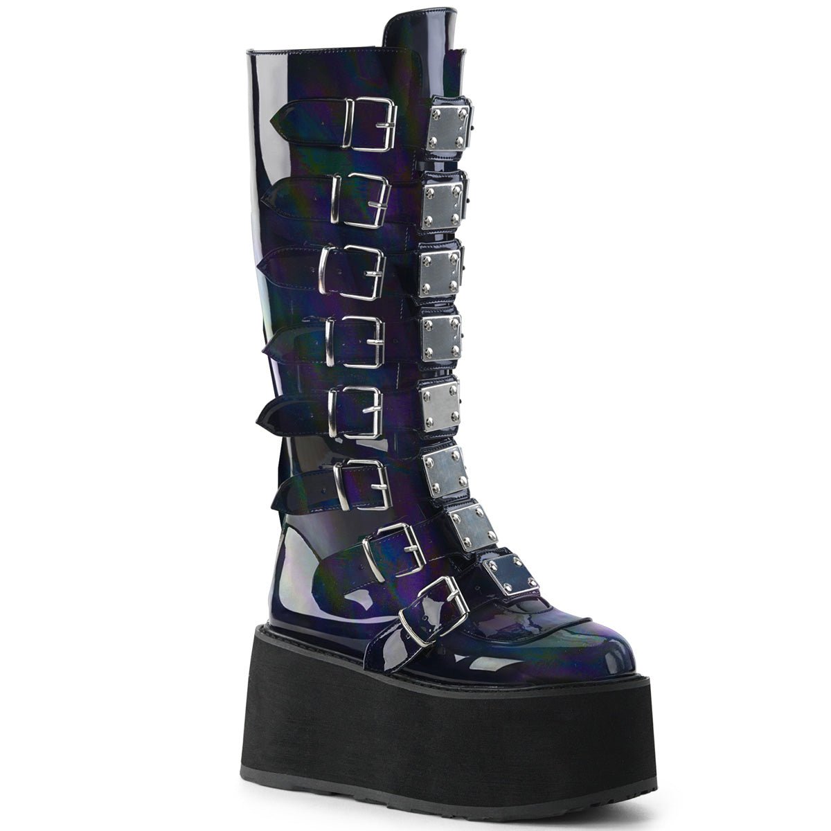 Too Fast | Demonia Damned 318 | Black Holographic Vegan Leather Women&#39;s Knee High Boots
