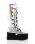 Too Fast | Demonia Damned 318 | Silver Holographic Vegan Leather Women's Knee High Boots