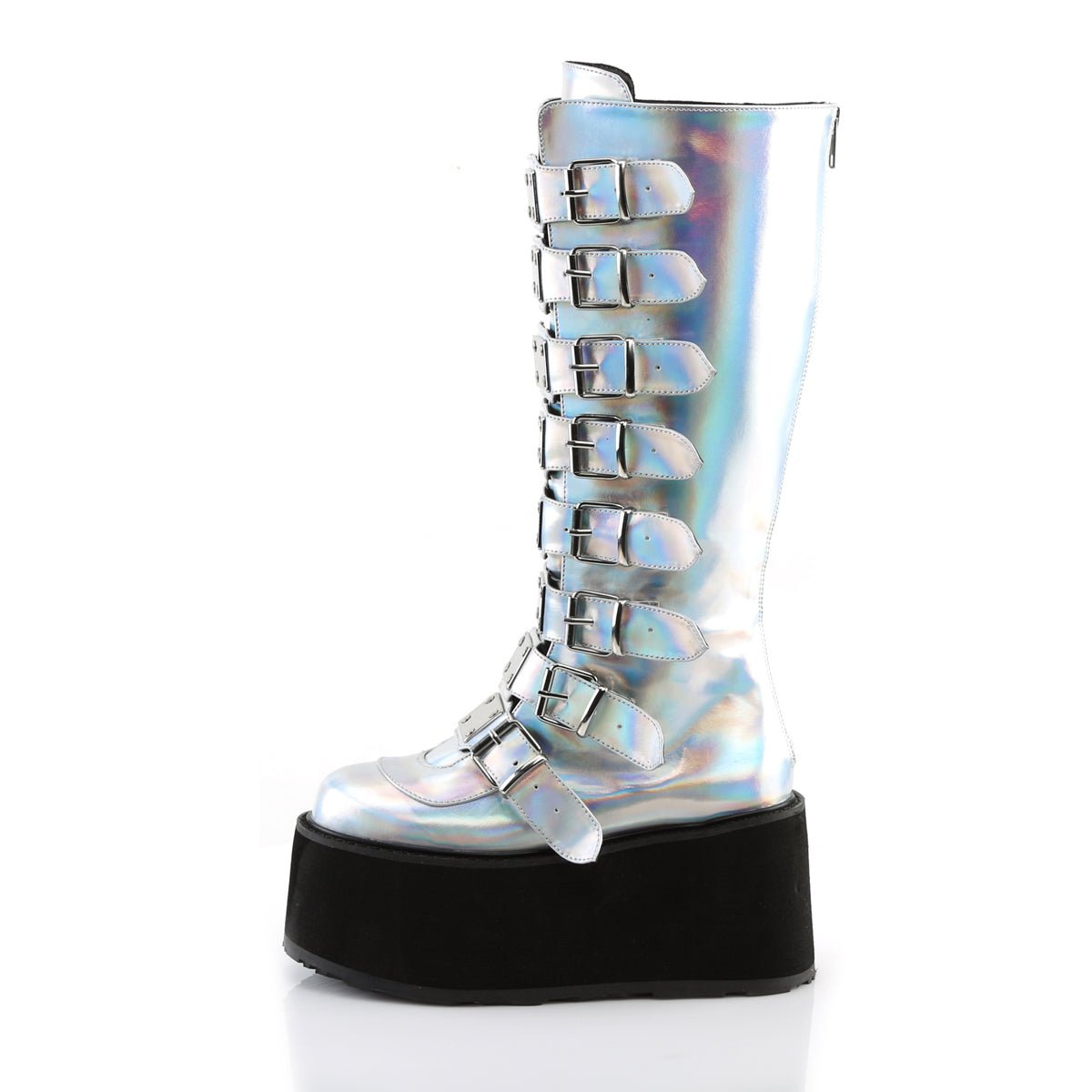 Too Fast | Demonia Damned 318 | Silver Holographic Vegan Leather Women&#39;s Knee High Boots