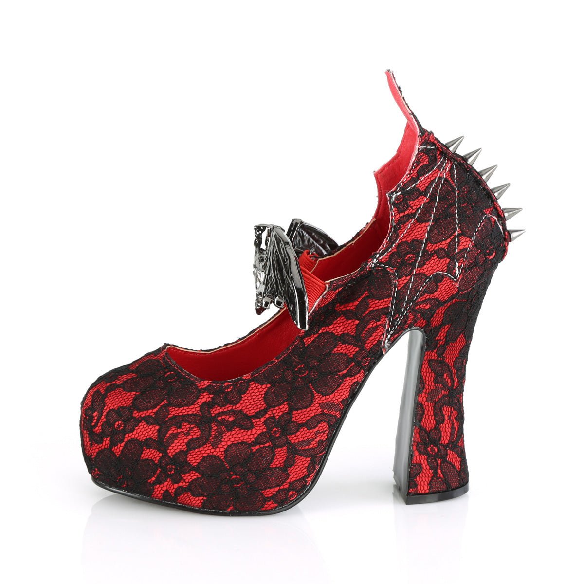 Too Fast | Demonia DEMON-18 | Red &amp; Black Satin &amp; Lace Mary Janes