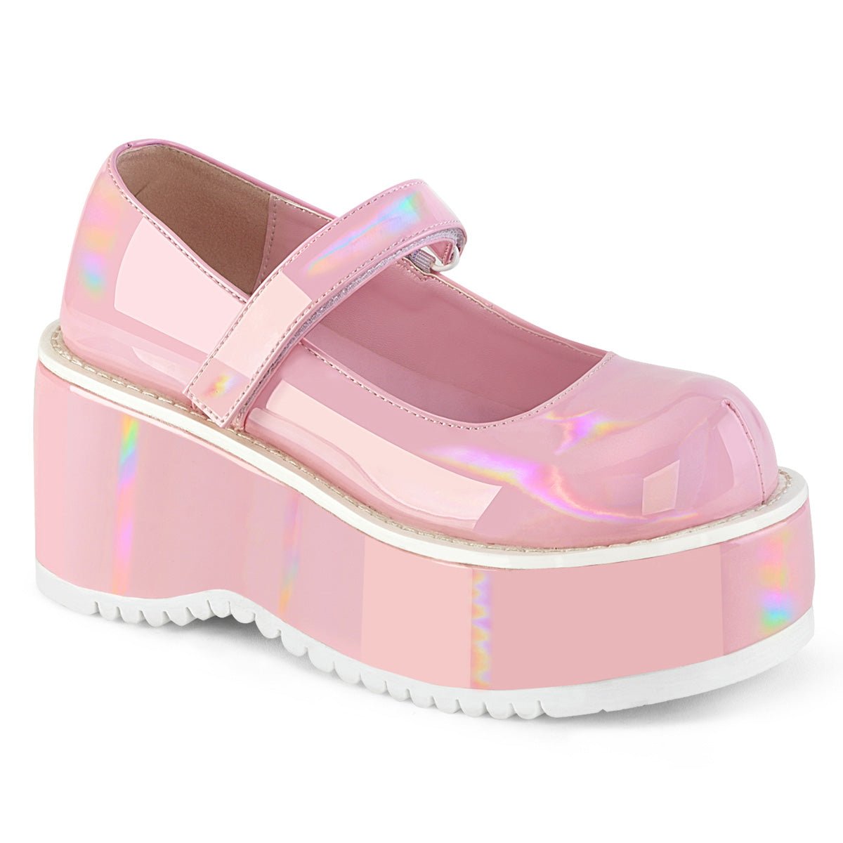Too Fast | Demonia Dollie 01 | Baby Pink Hologram Patent Women&#39;s Mary Janes