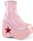 Too Fast | Demonia Dynamite 100 | Baby Pink Stretch Hologram Women's Ankle Boots