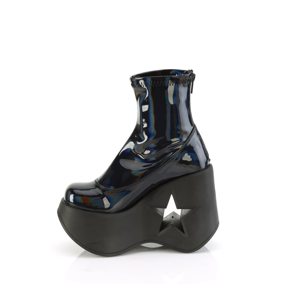 Too Fast | Demonia Dynamite 100 | Black Stretch Hologram Women&#39;s Ankle Boots
