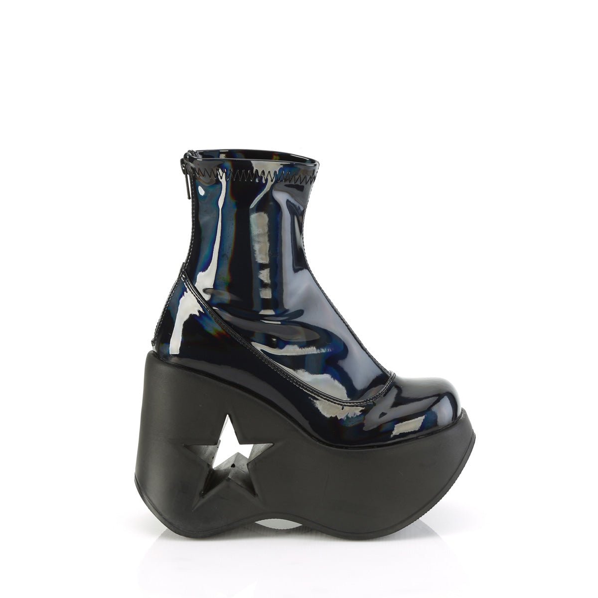 Too Fast | Demonia Dynamite 100 | Black Stretch Hologram Women's Ankle Boots