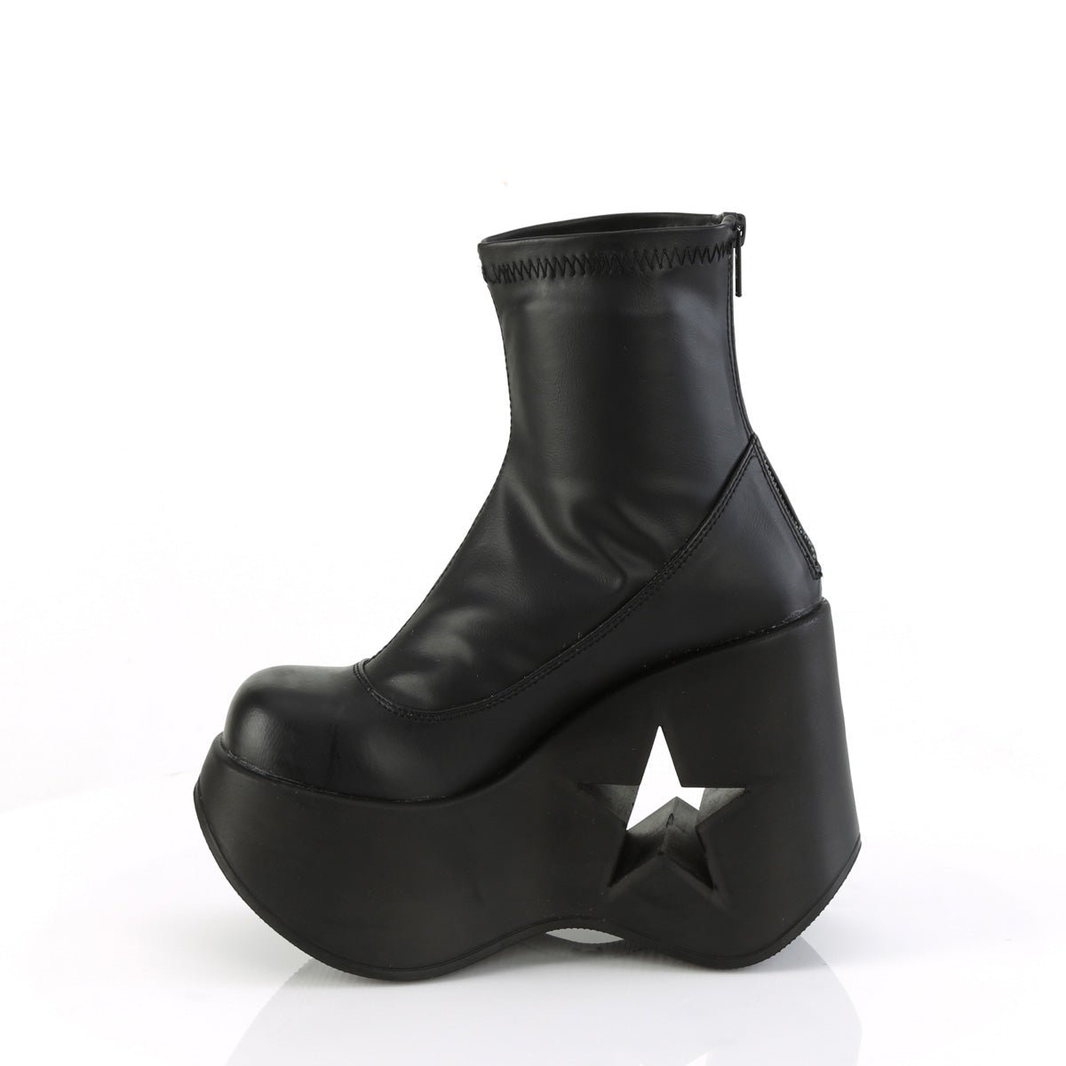 Too Fast | Demonia Dynamite 100 | Black Stretch Vegan Leather Women&#39;s Ankle Boots