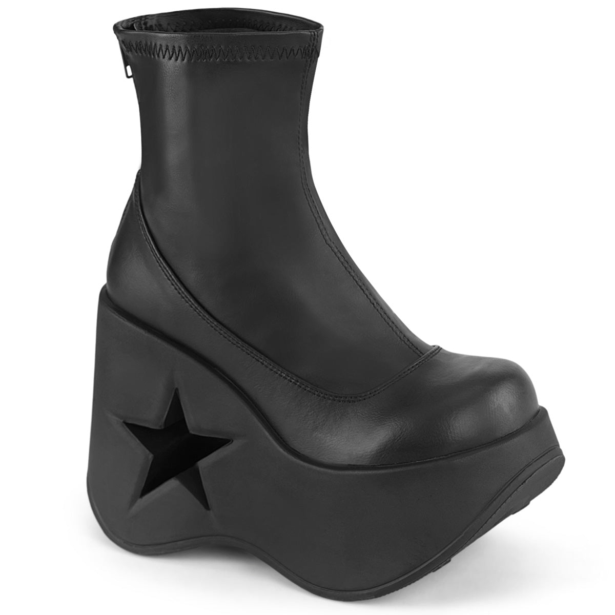 Too Fast | Demonia Dynamite 100 | Black Stretch Vegan Leather Women&#39;s Ankle Boots