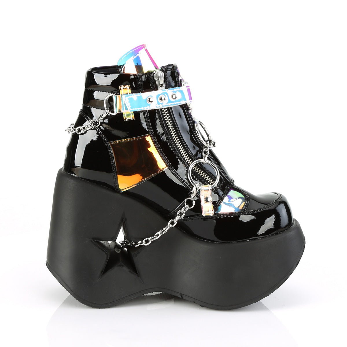 Too Fast | Demonia Dynamite 101 | Black Patent Leather &amp; Magic Mirror Tpu (Thermoplastic Polyurethane) Women&#39;s Ankle Boots