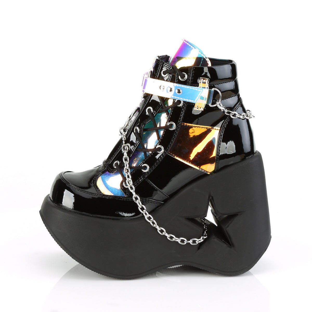 Too Fast | Demonia Dynamite 101 | Black Patent Leather &amp; Magic Mirror Tpu (Thermoplastic Polyurethane) Women&#39;s Ankle Boots