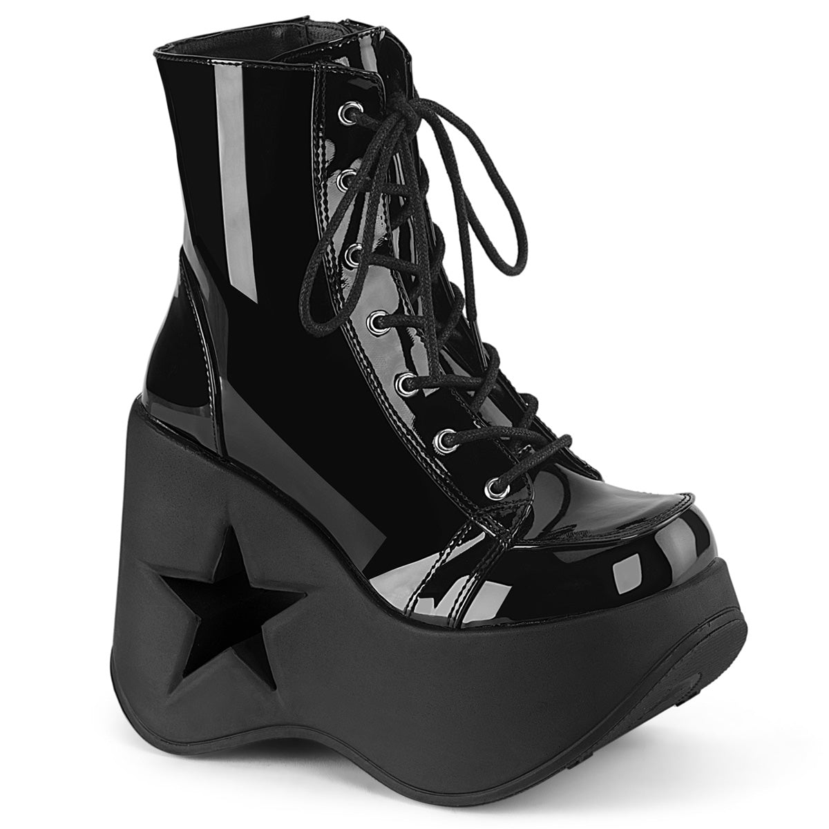 Too Fast | Demonia Dynamite 106 | Black Patent Leather Women's Ankle Boots