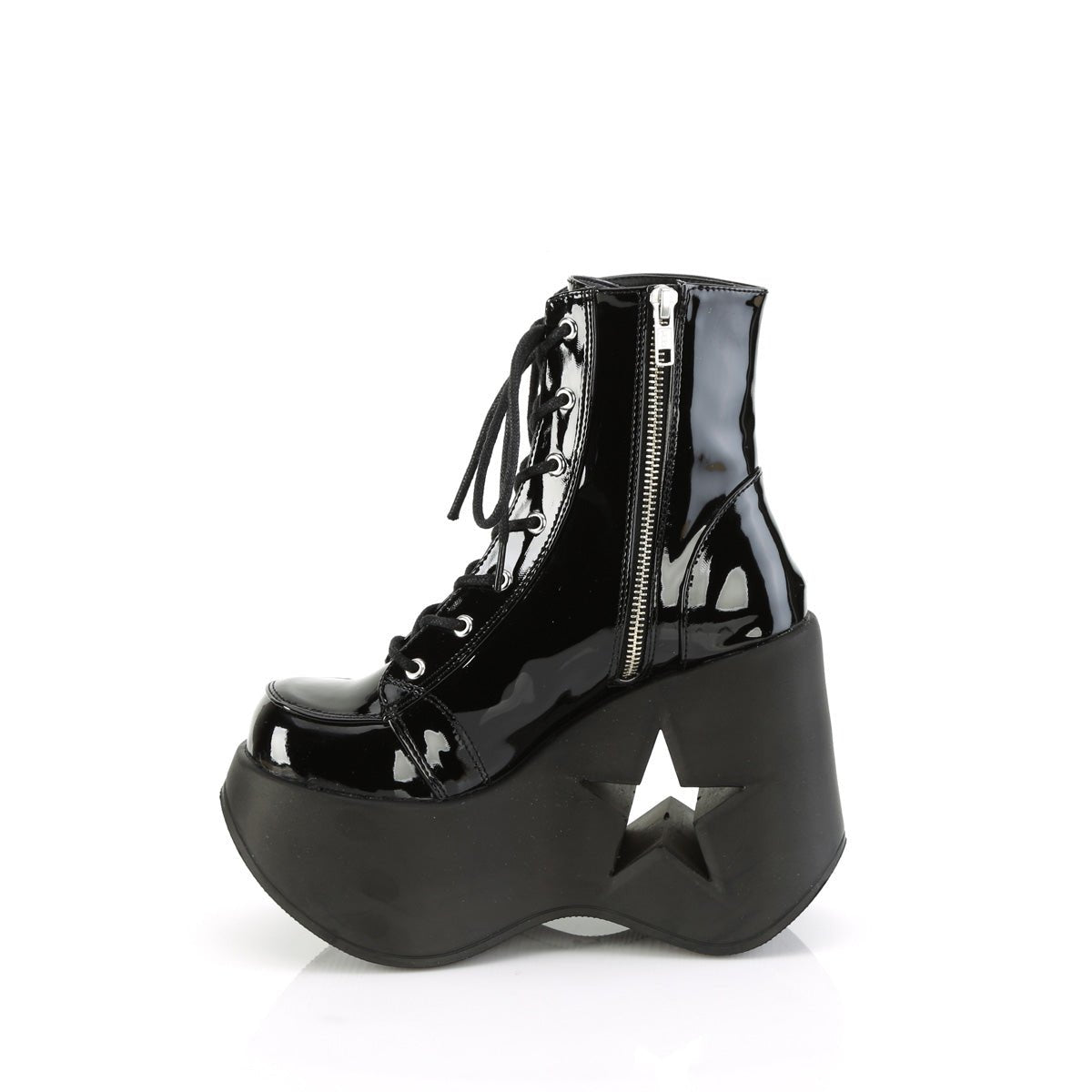 Too Fast | Demonia Dynamite 106 | Black Patent Leather Women&#39;s Ankle Boots