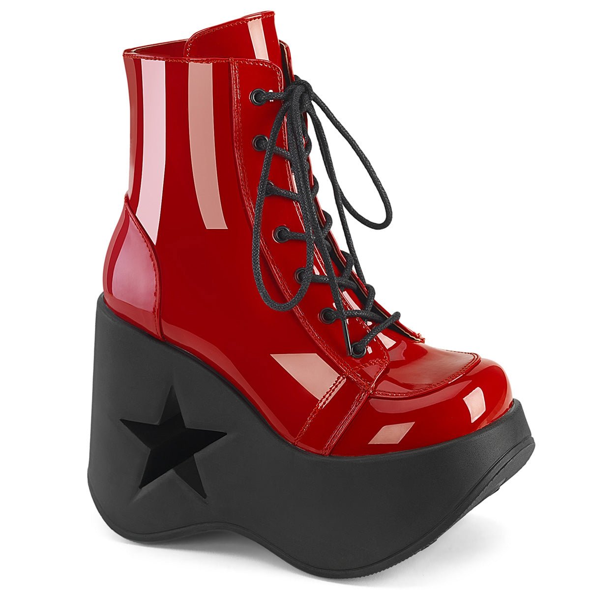 Too Fast | Demonia Dynamite 106 | Red Patent Leather Women&#39;s Ankle Boots
