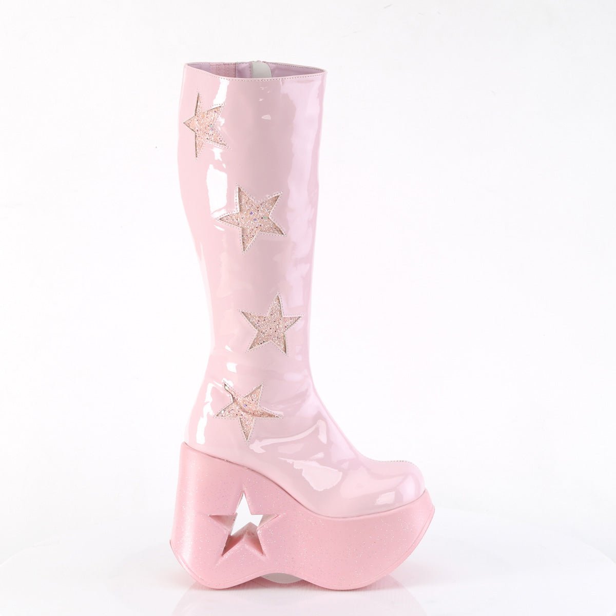 Too Fast | Demonia Dynamite 218 | Baby Pink Patent Leather &amp; Glitter Women&#39;s Knee High Boots