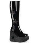 Too Fast | Demonia Dynamite 218 | Black Glitter Patent Vegan Leather Women's Knee High Boots