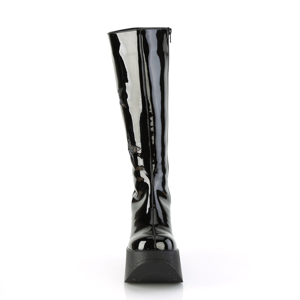 Too Fast | Demonia Dynamite 218 | Black Glitter Patent Vegan Leather Women&#39;s Knee High Boots