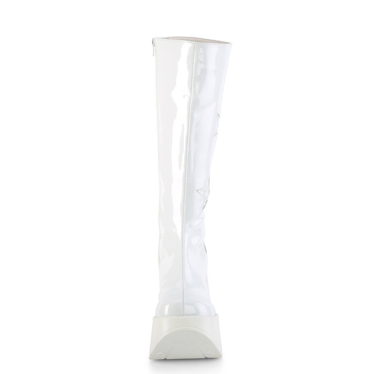 Too Fast | Demonia Dynamite 218 | White Patent Leather &amp; Glitter Women&#39;s Knee High Boots