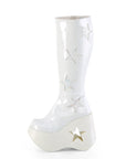 Too Fast | Demonia Dynamite 218 | White Patent Leather & Glitter Women's Knee High Boots