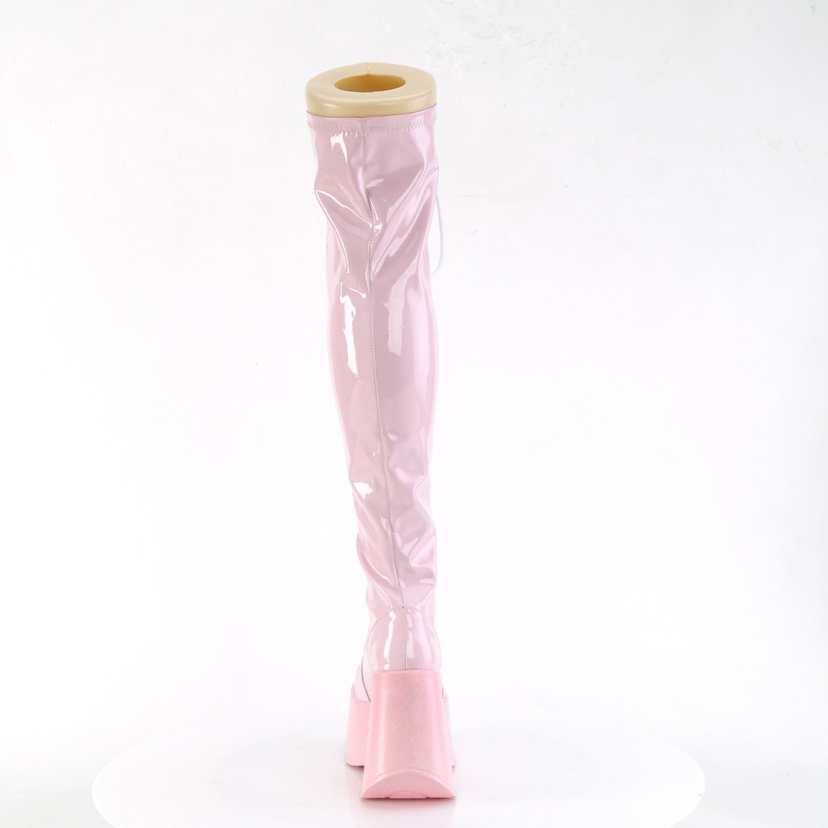 Too Fast | Demonia Dynamite 300 | Baby Pink Stretch Hologram Women&#39;s Over The Knee Boots