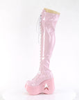 Too Fast | Demonia Dynamite 300 | Baby Pink Stretch Hologram Women's Over The Knee Boots