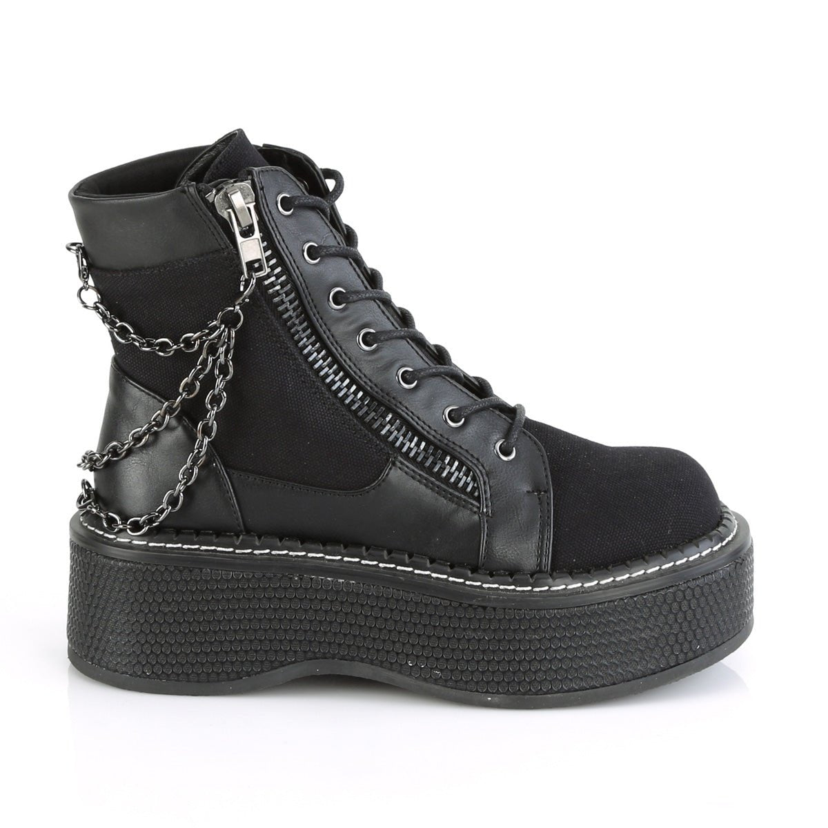 Too Fast | Demonia Emily 114 | Black Canvas &amp; Vegan Leather Women&#39;s Ankle Boots