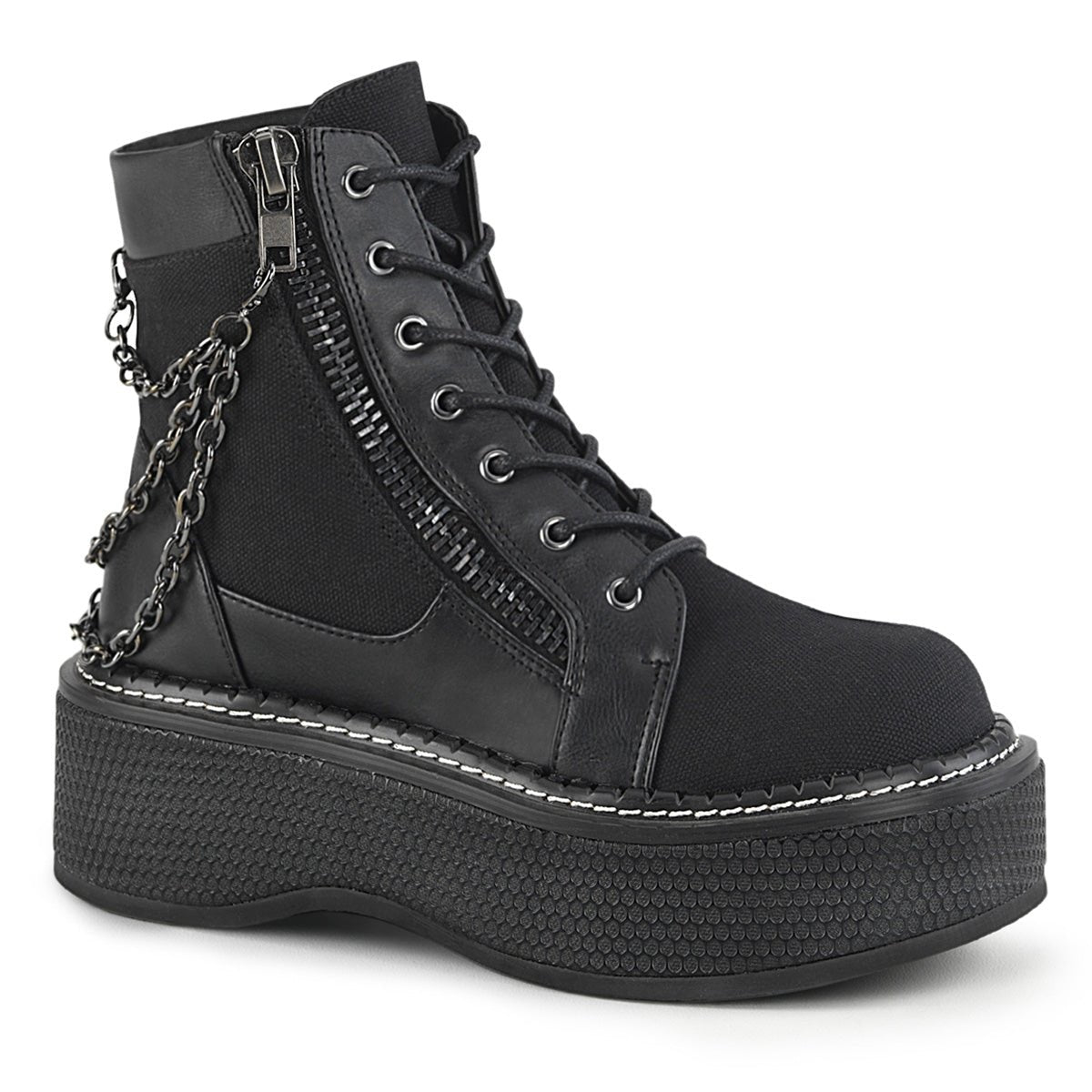 Too Fast | Demonia Emily 114 | Black Canvas &amp; Vegan Leather Women&#39;s Ankle Boots
