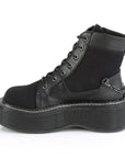 Too Fast | Demonia Emily 114 | Black Canvas & Vegan Leather Women's Ankle Boots