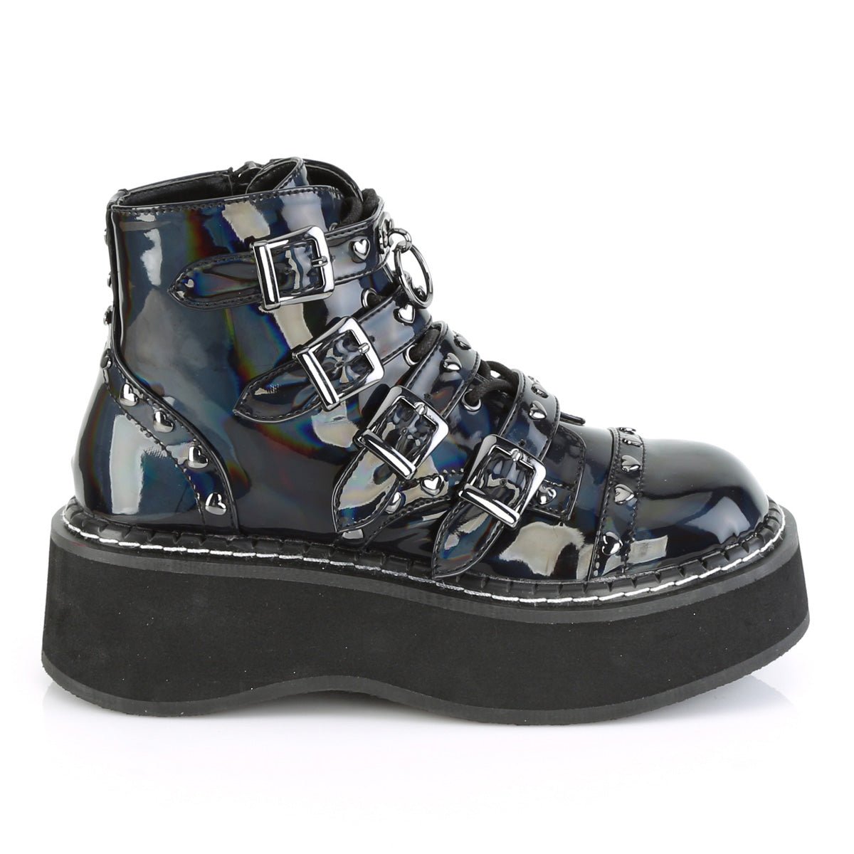 Too Fast | Demonia Emily 315 | Black Holographic Vegan Leather Women's Ankle Boots