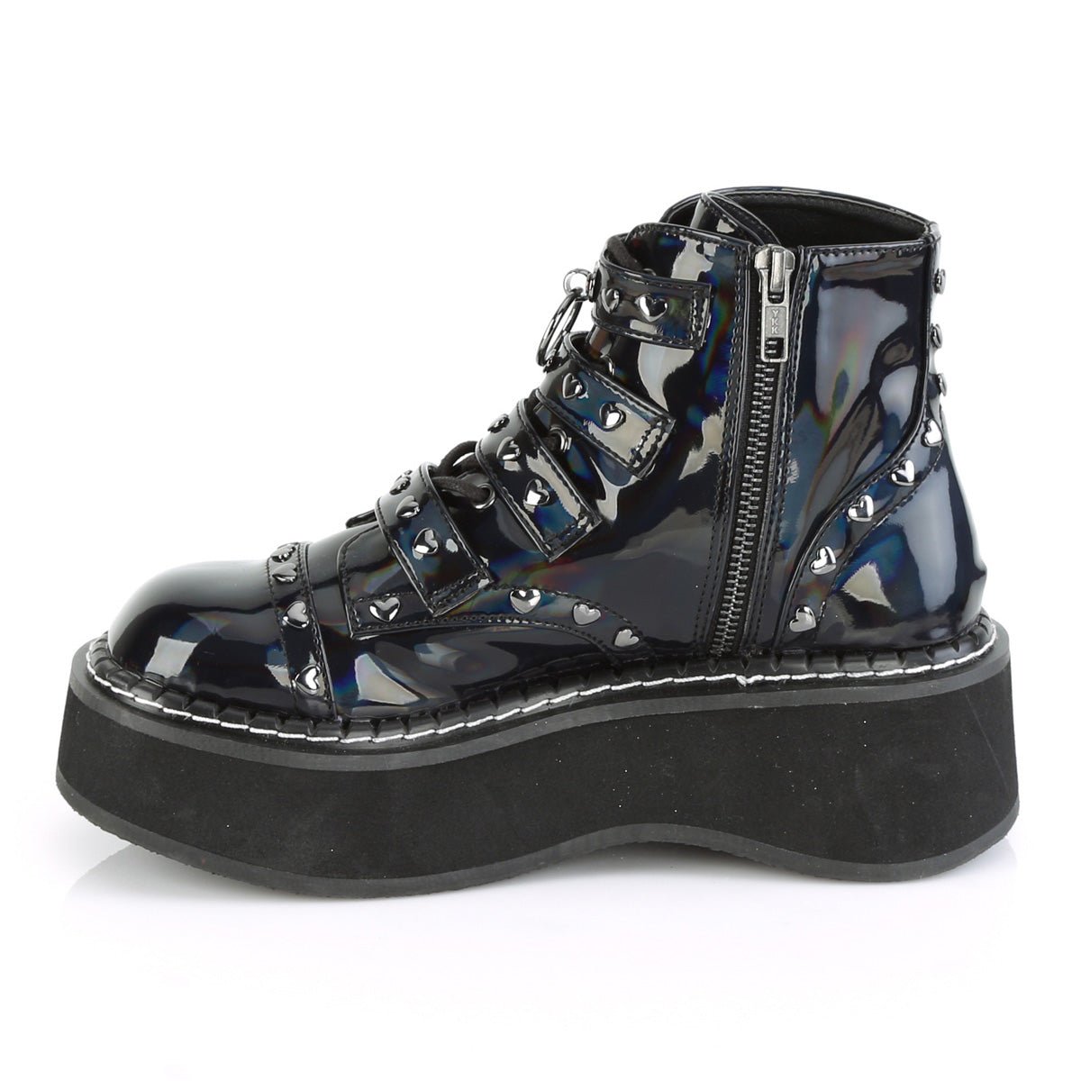 Too Fast | Demonia Emily 315 | Black Holographic Vegan Leather Women&#39;s Ankle Boots