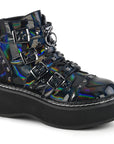 Too Fast | Demonia Emily 315 | Black Holographic Vegan Leather Women's Ankle Boots