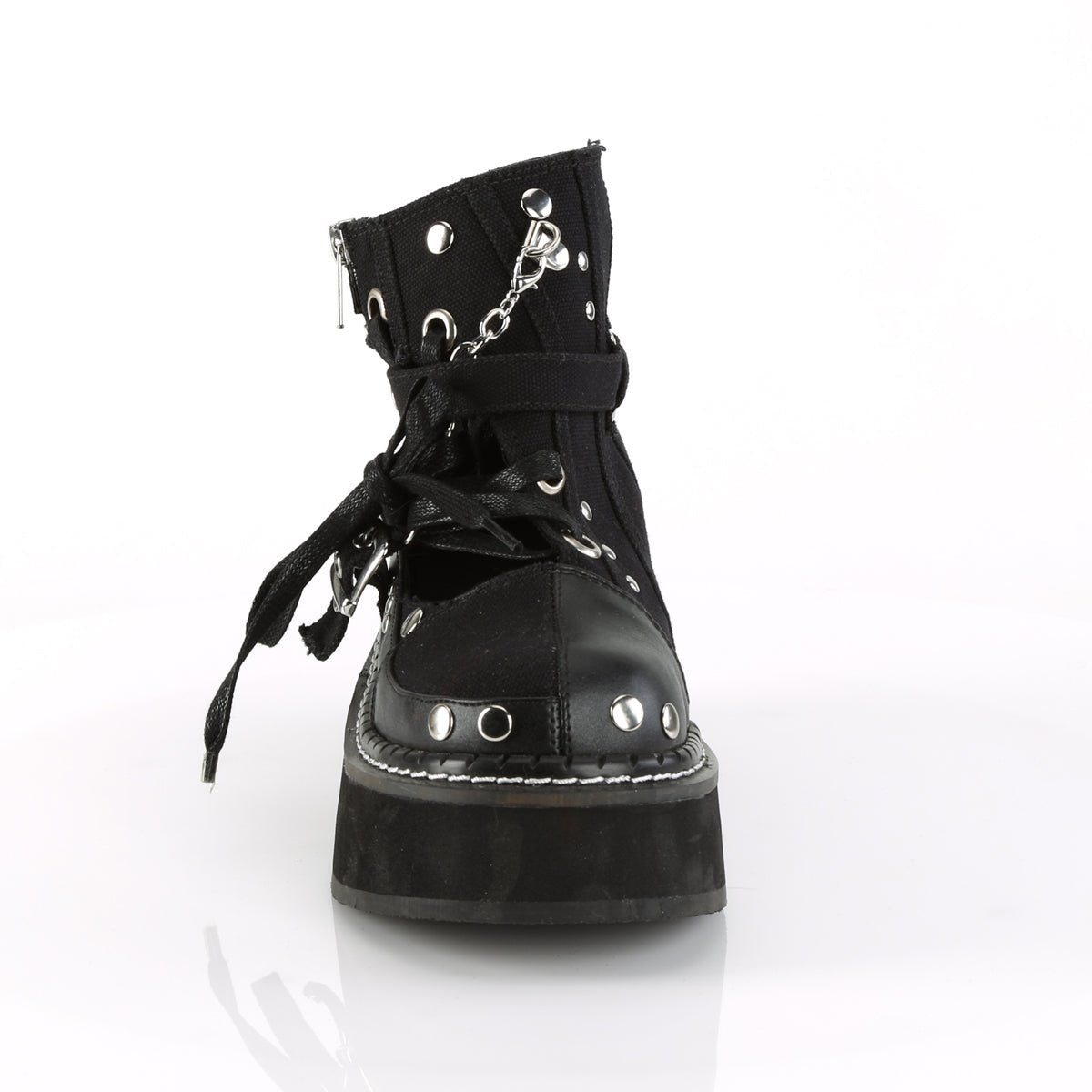 Too Fast | Demonia Emily 317 | Black Canvas & Vegan Leather Women's Ankle Boots