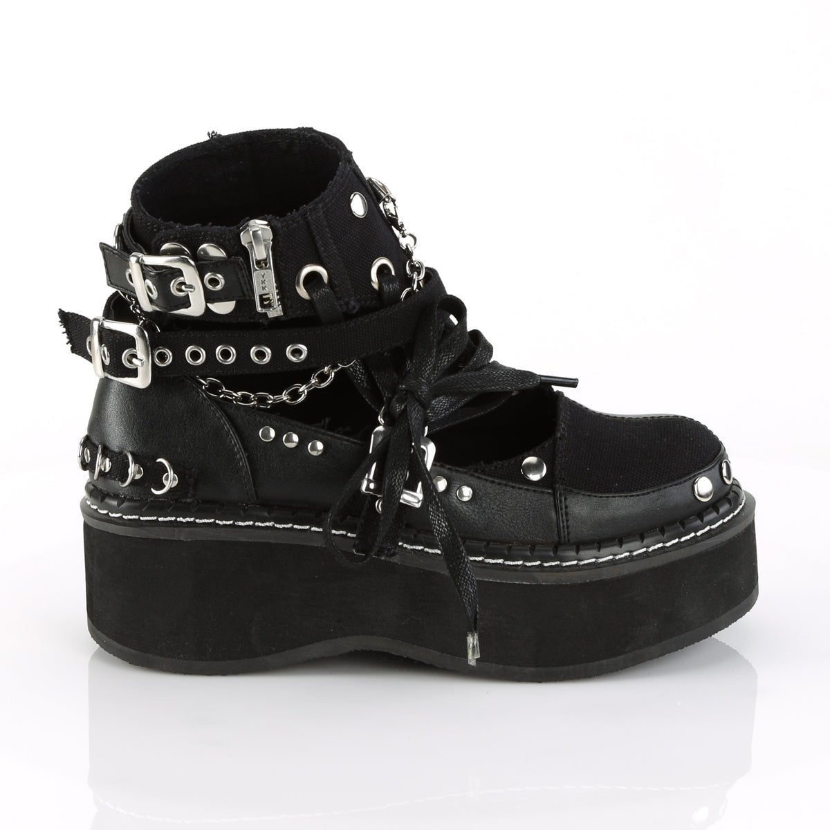 Too Fast | Demonia Emily 317 | Black Canvas & Vegan Leather Women's Ankle Boots