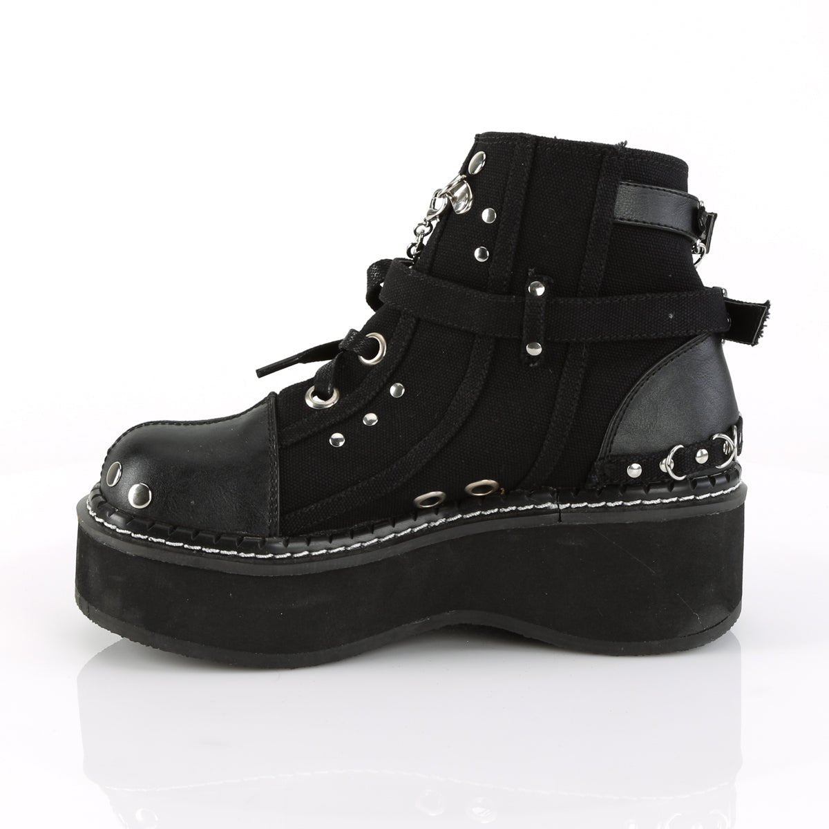 Too Fast | Demonia Emily 317 | Black Canvas &amp; Vegan Leather Women&#39;s Ankle Boots