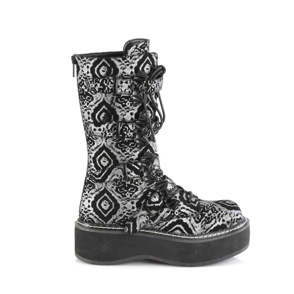 Too Fast | Demonia Emily 322 | Black &amp; Silver Faux Nubuck Leather Women&#39;s Mid Calf Boots