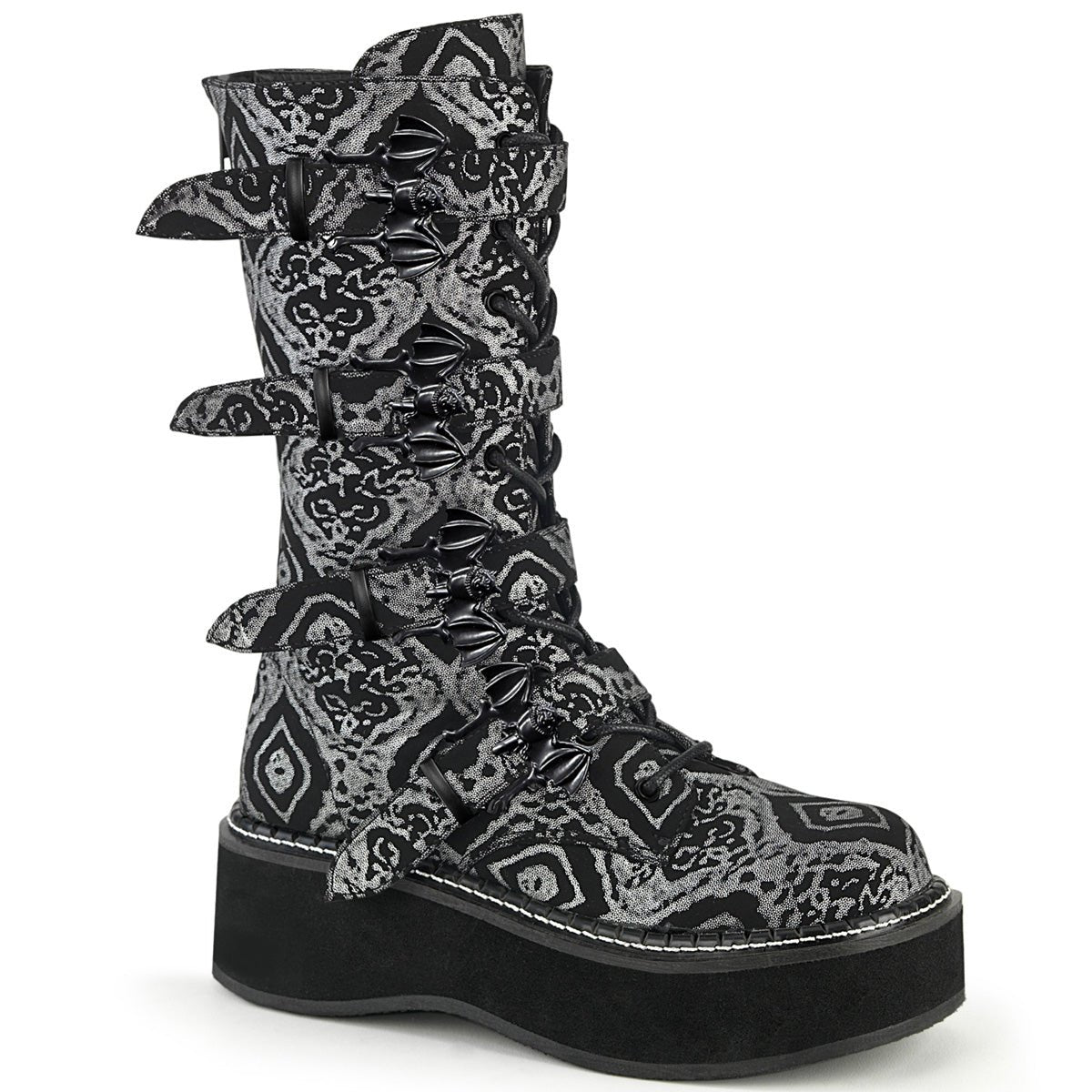 Too Fast | Demonia Emily 322 | Black & Silver Faux Nubuck Leather Women's Mid Calf Boots