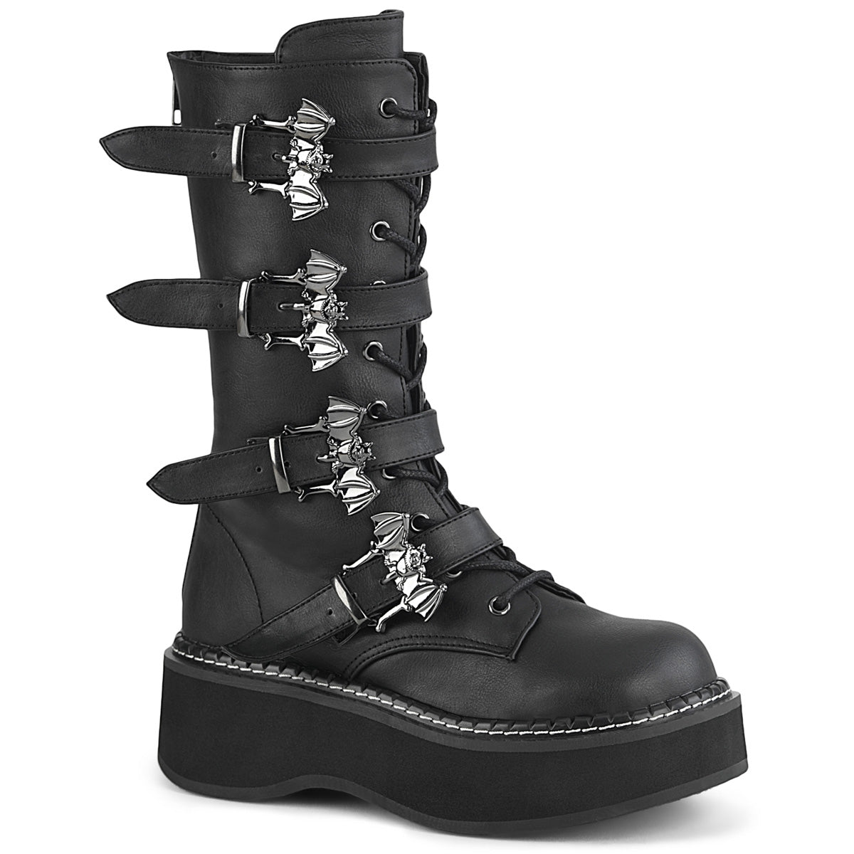 Too Fast | Demonia Emily 322 | Black Vegan Leather Women&#39;s Mid Calf Boots