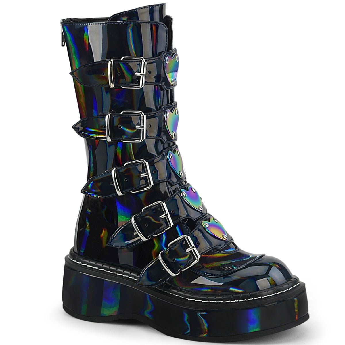 Too Fast | Demonia Emily 330 | Black Hologram Women's Mid Calf Boots