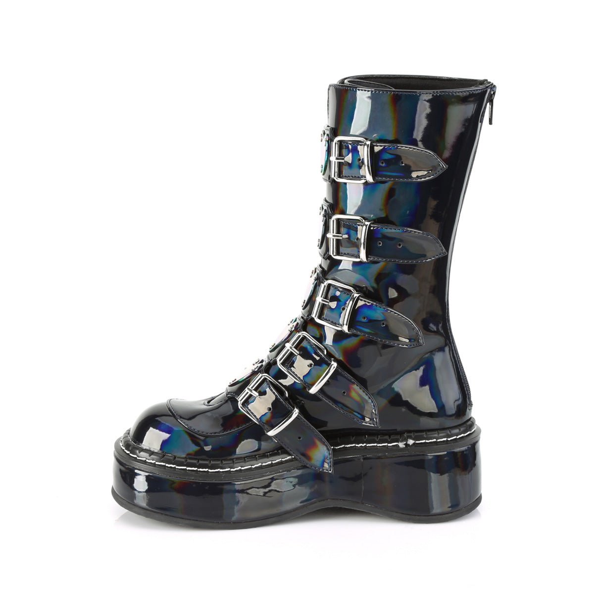 Too Fast | Demonia Emily 330 | Black Hologram Women&#39;s Mid Calf Boots
