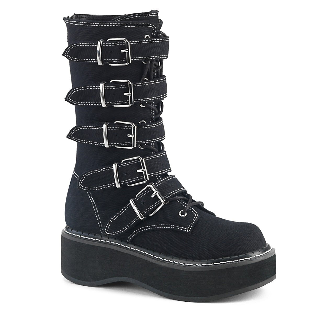 Too Fast | Demonia Emily 341 | Black Canvas Women&#39;s Mid Calf Boots