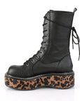 Too Fast | Demonia Emily 350 | Black Leopard Vegan Leather Women's Mid Calf Boots