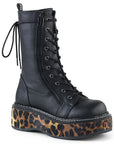 Too Fast | Demonia Emily 350 | Black Leopard Vegan Leather Women's Mid Calf Boots