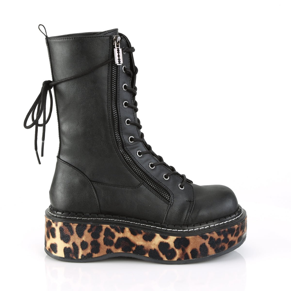 Too Fast | Demonia Emily 350 | Black Leopard Vegan Leather Women&#39;s Mid Calf Boots